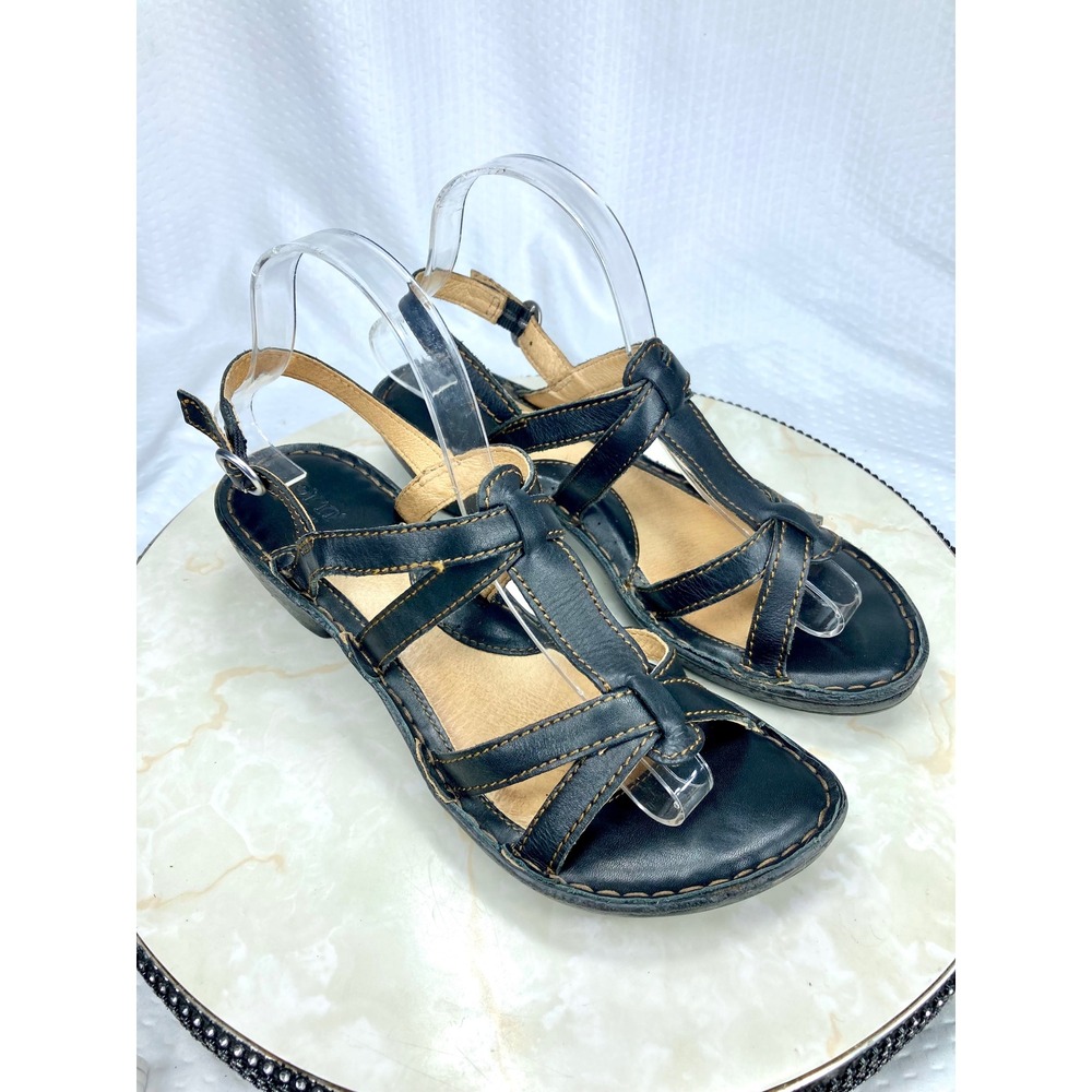 Born Leather Strappy Wedge Sandals Womens 8 Black Slingback Summer Comfort Heel